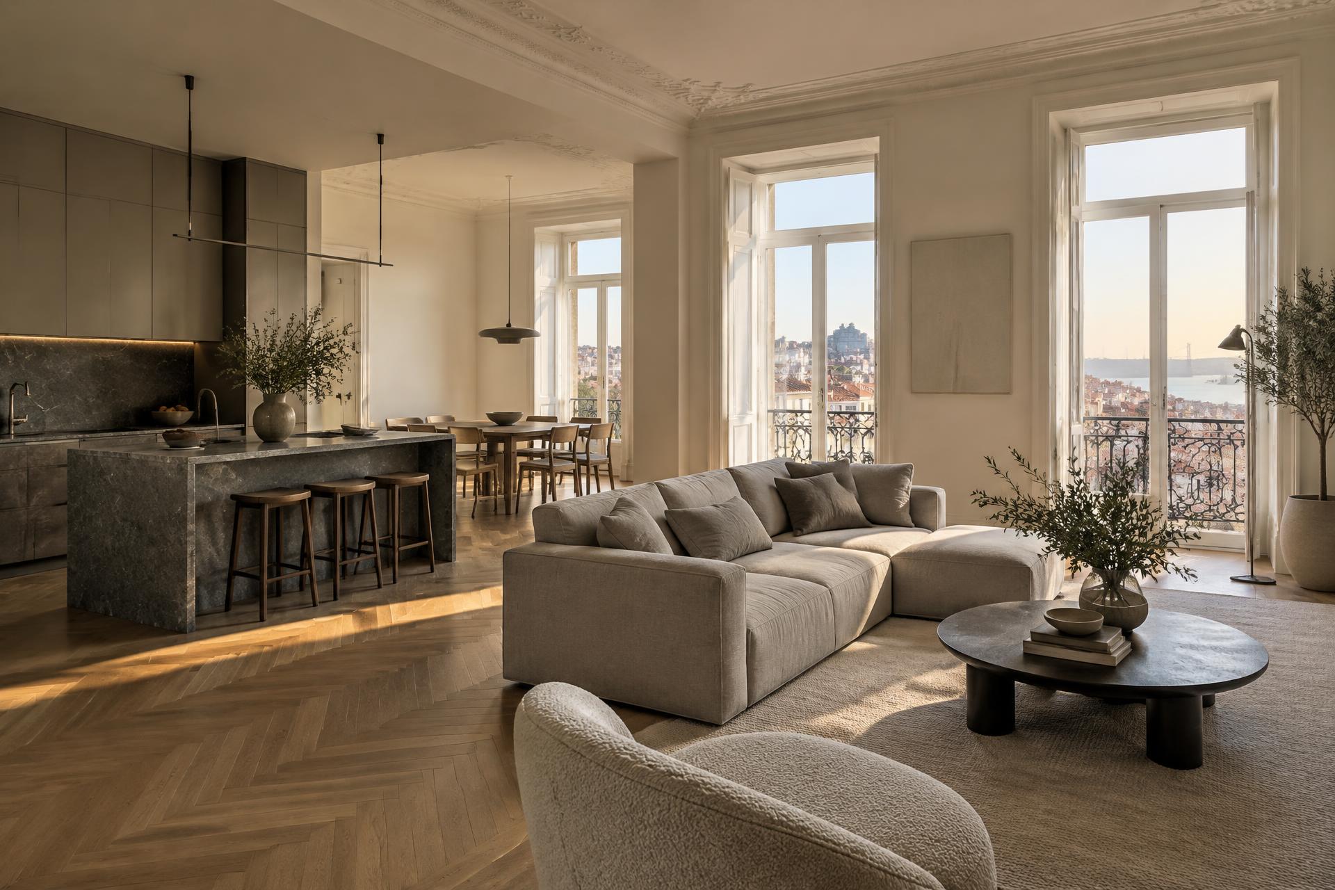Sala e cozinha remodeladas em carvalho e pedra escura, com vista sobre Lisboa (imagem ilustrativa)
